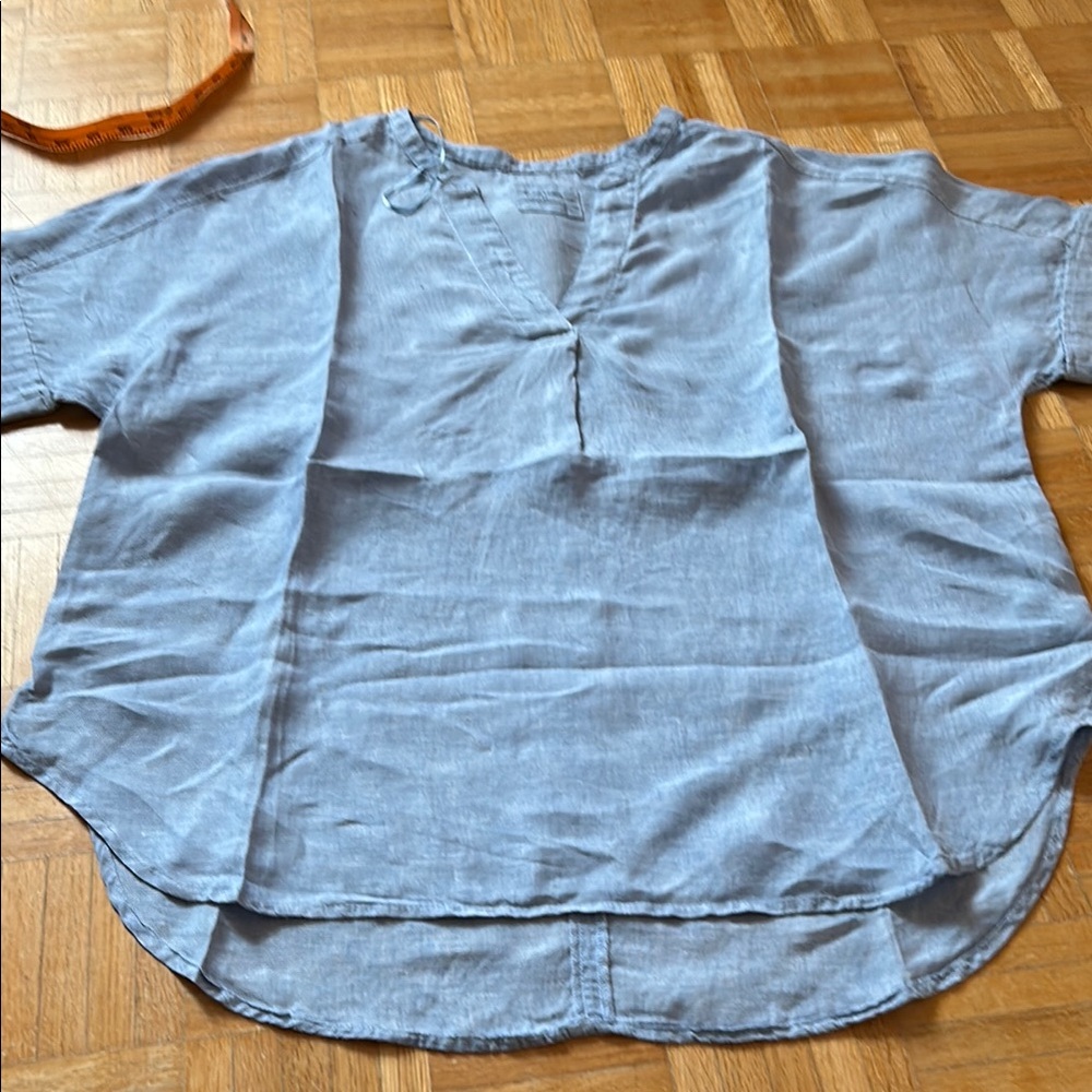 Pure linen Light Blue V-Neck Blouse